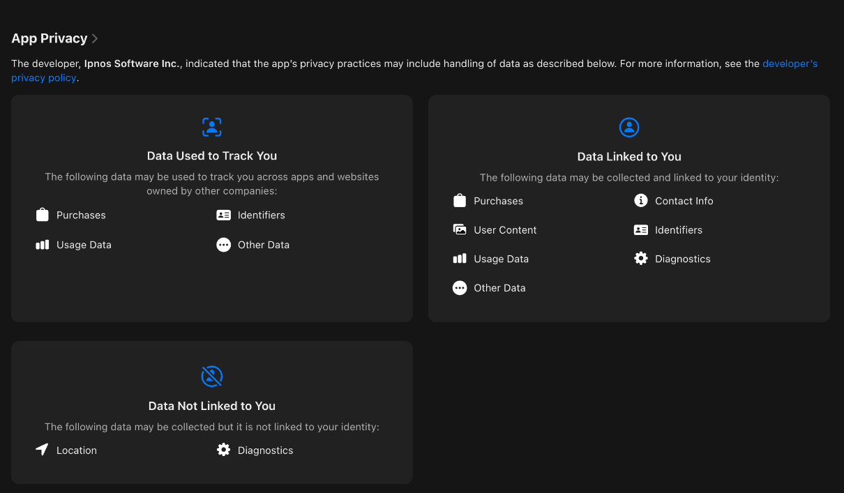 BetterSleep App Store privacy label: Data Used to Track You lists Purchases, Identifiers, Usage Data and Other Data. Data Linked to You lists Purchases, Contact Info, User Content, Identifiers, Usage Data, Diagnostics and Other Data. Data Not Linked to You lists Location and Diagnostics.