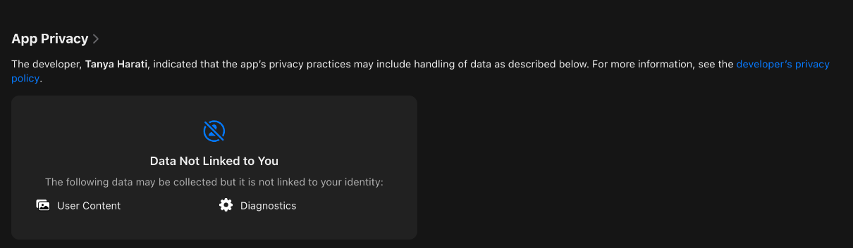 Koala Nap App Store privacy label: Data Not Linked to You lists User Content and Diagnostics.