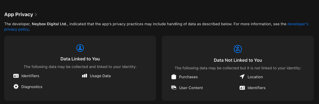 Pillow App Store privacy label: Data Linked to You lists Identifiers, Usage Data and Diagnostics. Data Not Linked to You lists Purchases, Location, User Content and Identifiers.