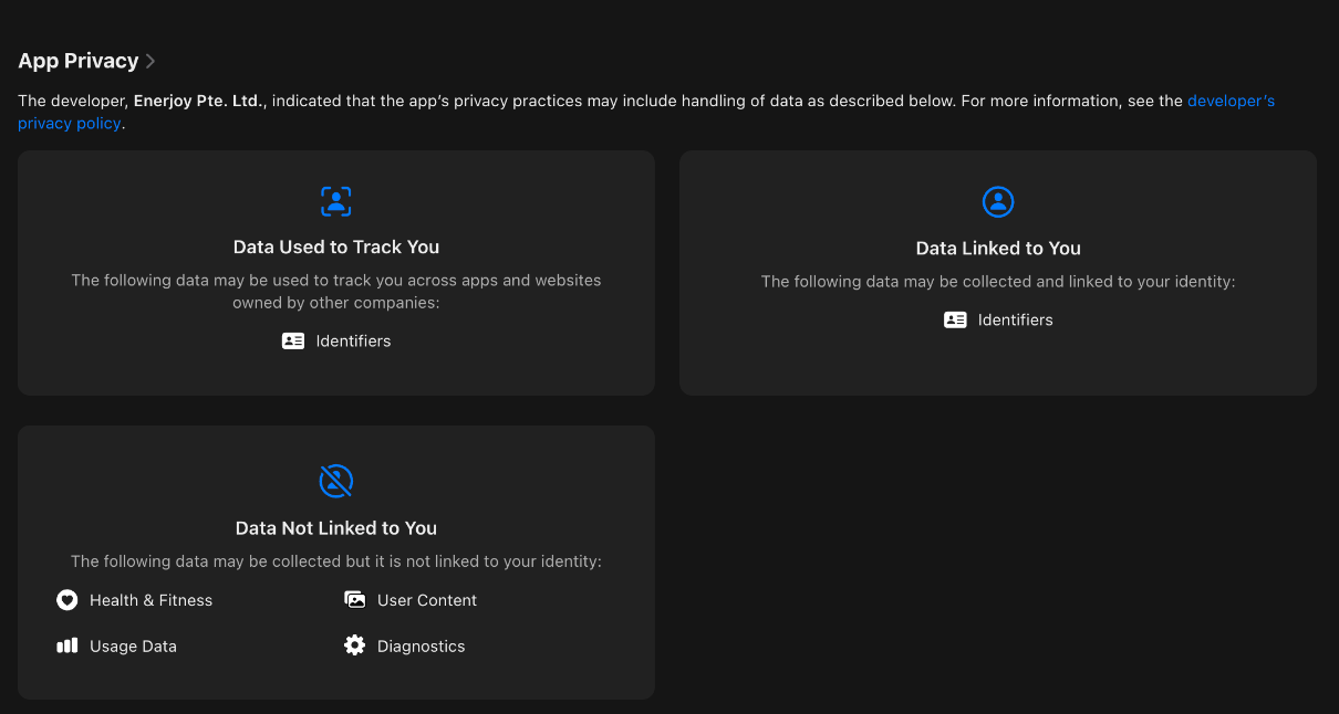 ShutEye App Store privacy label: Data Used to Track You lists Identifiers. Data Linked to You lists Identifiers. Data Not Linked to You lists Health & Fitness, User Content, Usage Data and Diagnostics.