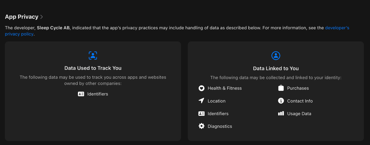 Sleep Cycle App Store privacy label: Data Used to Track You lists Identifiers. Data Linked to You lists Health and Fitness, Purchases, Location, Contact Info, Identifiers, Usage Data and Diagnostics.