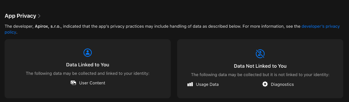 Snore Control App Store privacy label: Data Linked to You lists User Content. Data Not Linked to You lists Usage Data and Diagnostics.