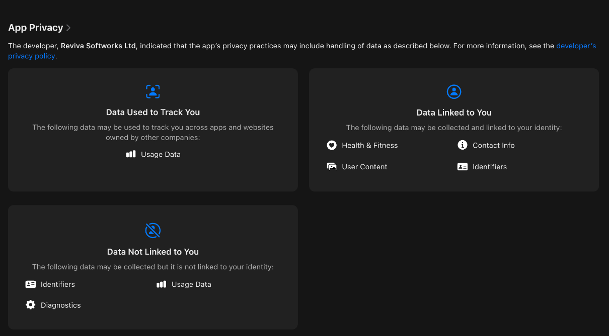 SnoreLab's App Store privacy label: Data Used to Track You lists Usage Data. Data Linked to You lists Health and Fitness, Contact Info, User Content and Identifiers. Data Not Linked to You lists Identifiers, Usage Data and Diagnostics.