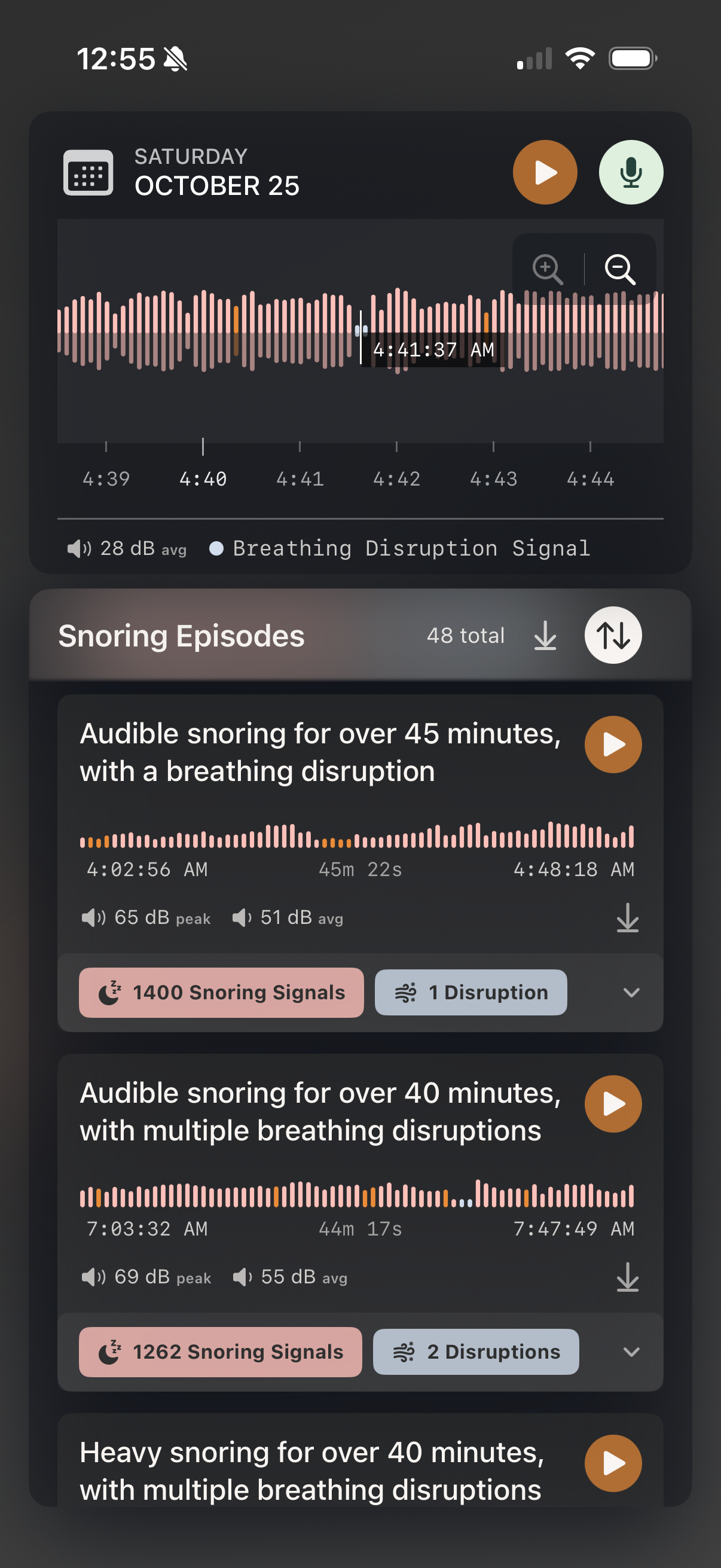 Breathing disruption detection showing gray-blue markers on timeline