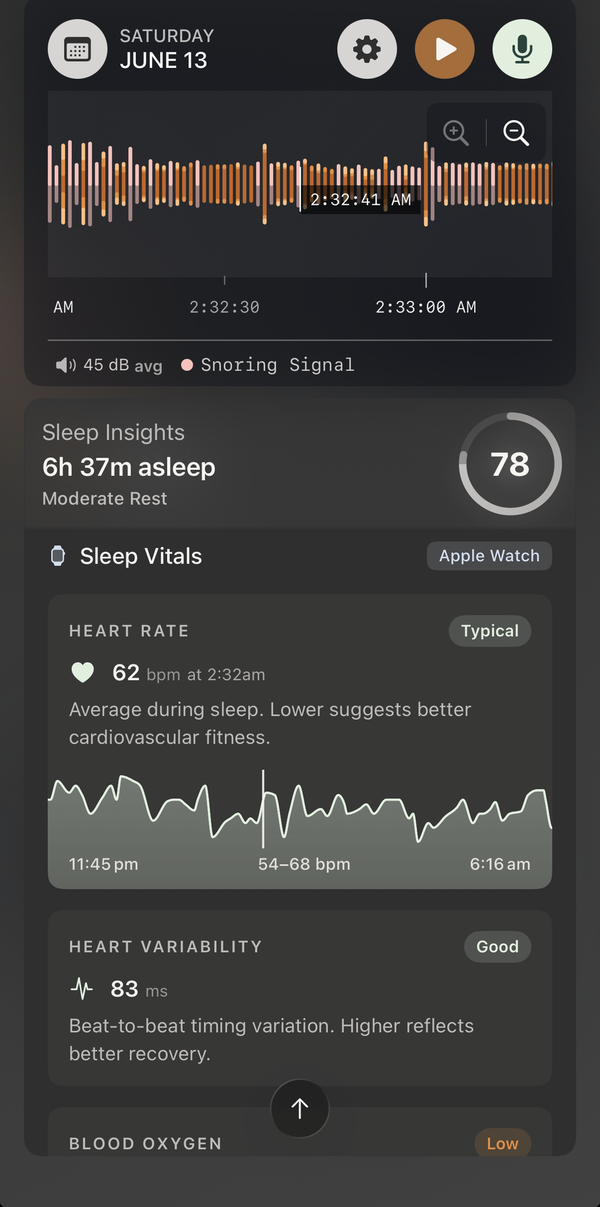 Nightly summary with watch biometrics alongside audio metrics