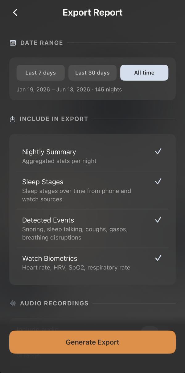 Export Report sheet with date range and category toggles
