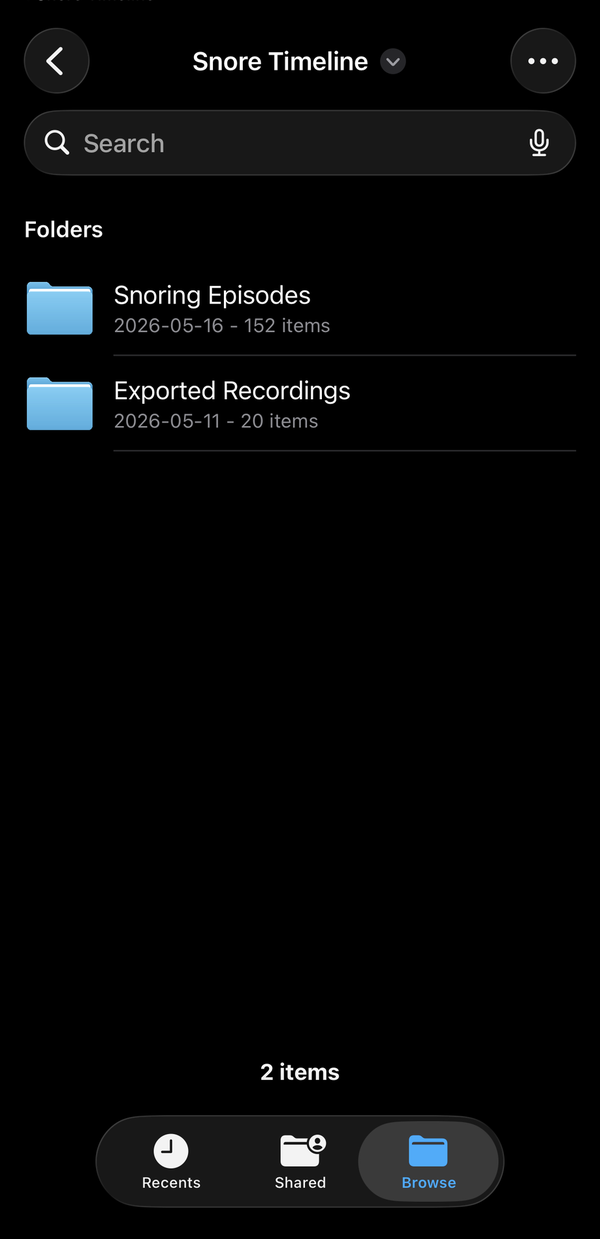 Snore Timeline folder in the Files app showing reports and audio folders