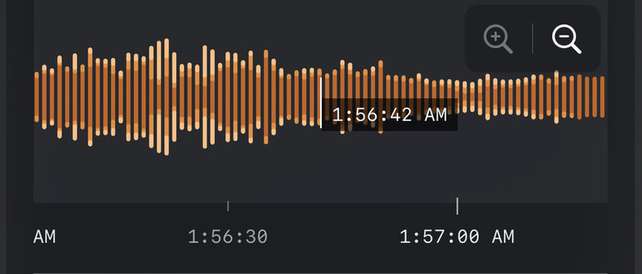 Zoomed-in waveform with stacked orange frequency bands during a snoring episode