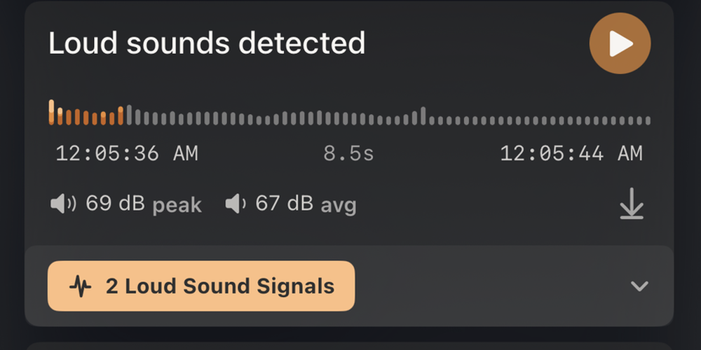 Loud sounds detected episode with peak and average decibels and a Loud Sound Signals badge