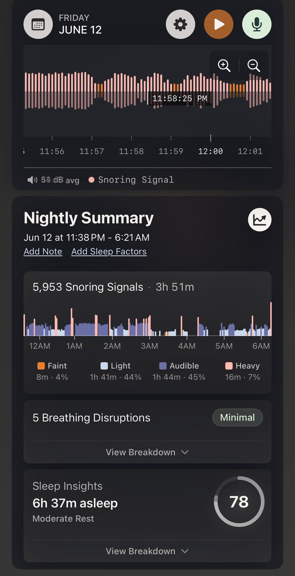 Morning nightly summary with sleep score and snoring activity