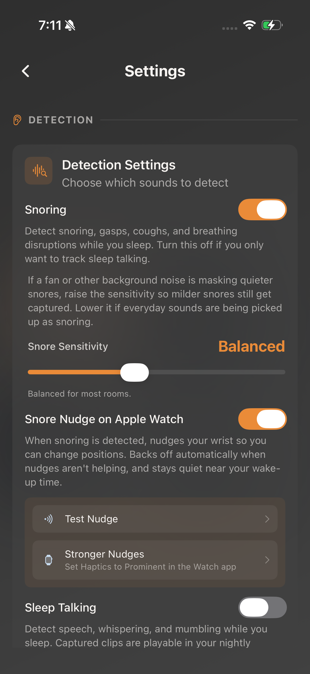 Detection settings showing the Snoring toggle, Snore Sensitivity set to Balanced, and Snore Nudge on Apple Watch turned on with Test Nudge and Stronger Nudges rows