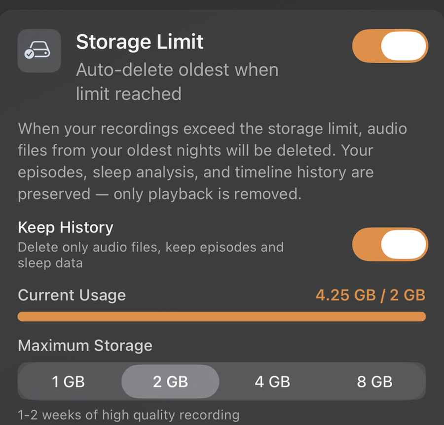Storage Limit settings card with the usage bar and maximum-storage tiers