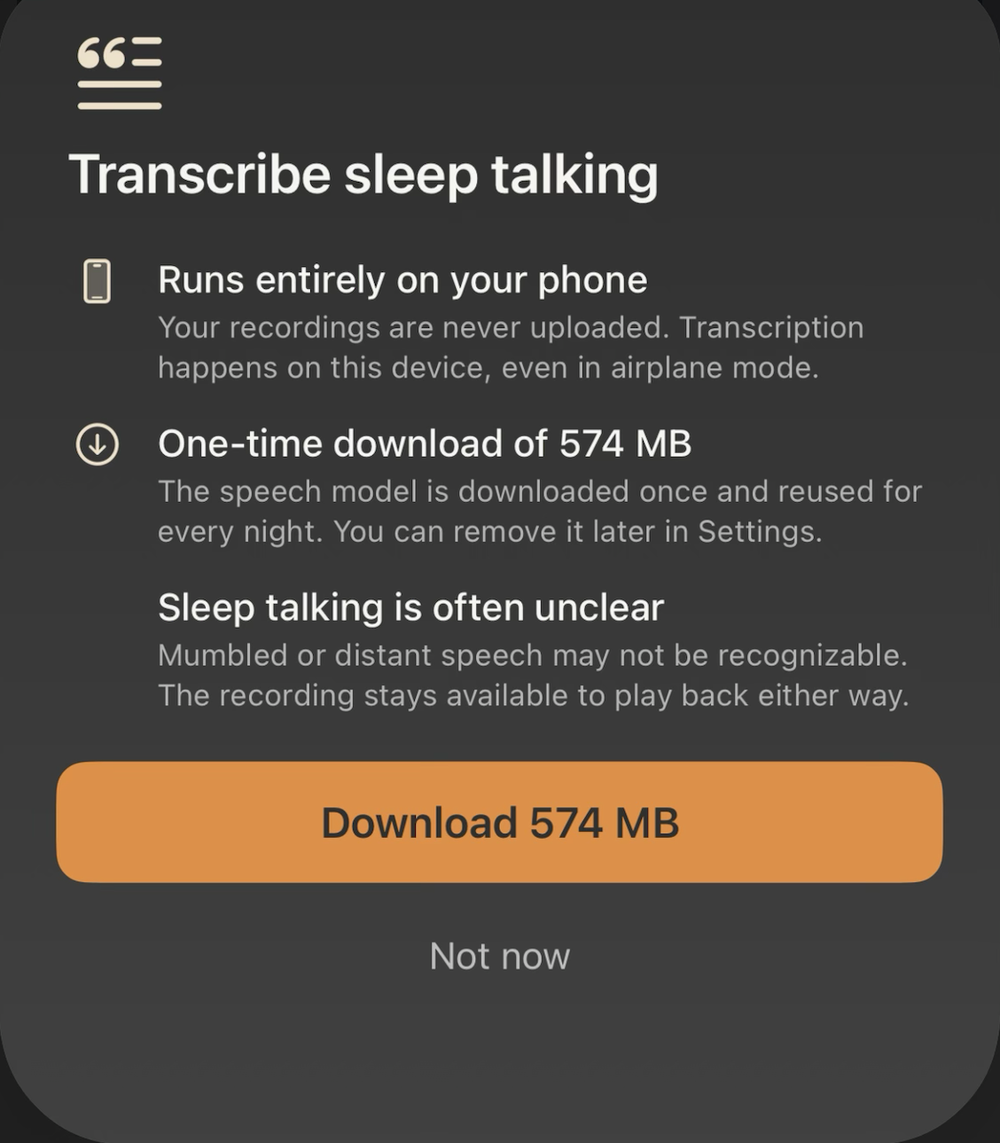 The Transcribe sleep talking sheet in Snore Timeline: runs entirely on your phone, one-time download of 574 MB, and a note that sleep talking is often unclear, with a Download 574 MB button and Not now.