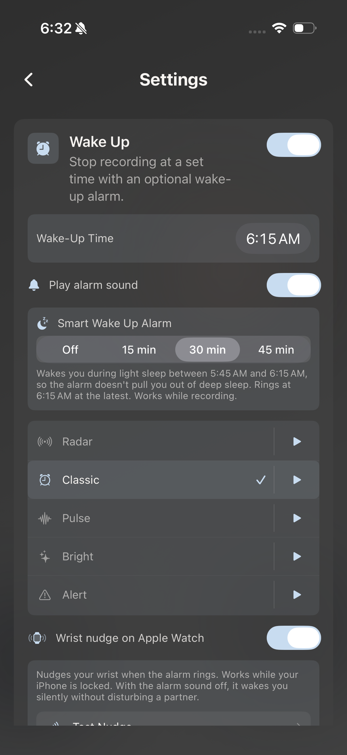Wake Up settings showing a 6:15 AM wake-up time, the Smart Wake Up Alarm window picker set to 30 minutes with a caption explaining it wakes you during light sleep between 5:45 and 6:15, the alarm sound choices Radar, Classic, Pulse, Bright, and Alert, and the Wrist nudge on Apple Watch toggle