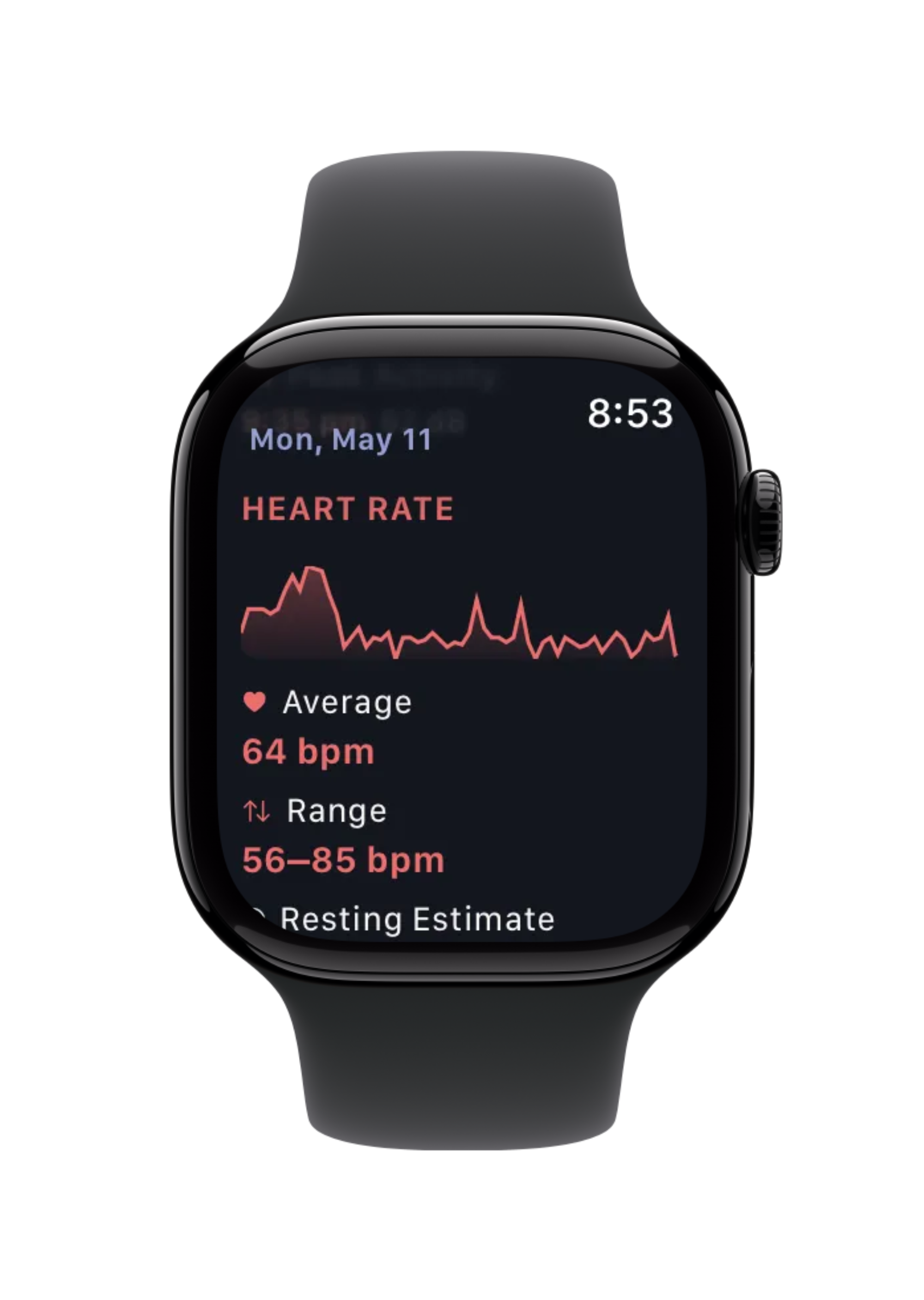 Apple Watch heart rate with sparkline showing average 64 bpm and range 56 to 85 bpm
