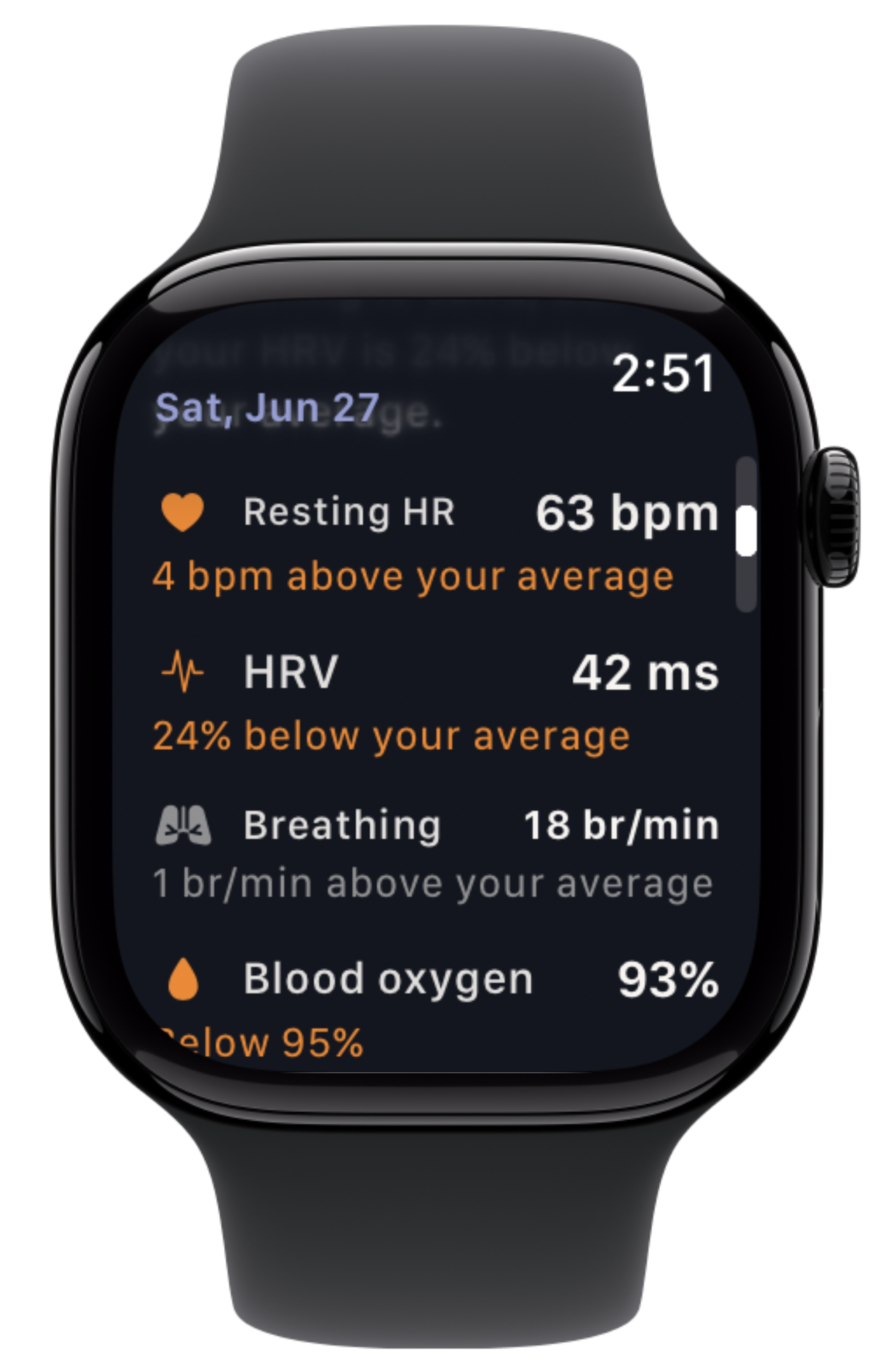 Apple Watch vitals list showing resting heart rate, HRV, breathing, and blood oxygen, each with a plain-language comparison to your average
