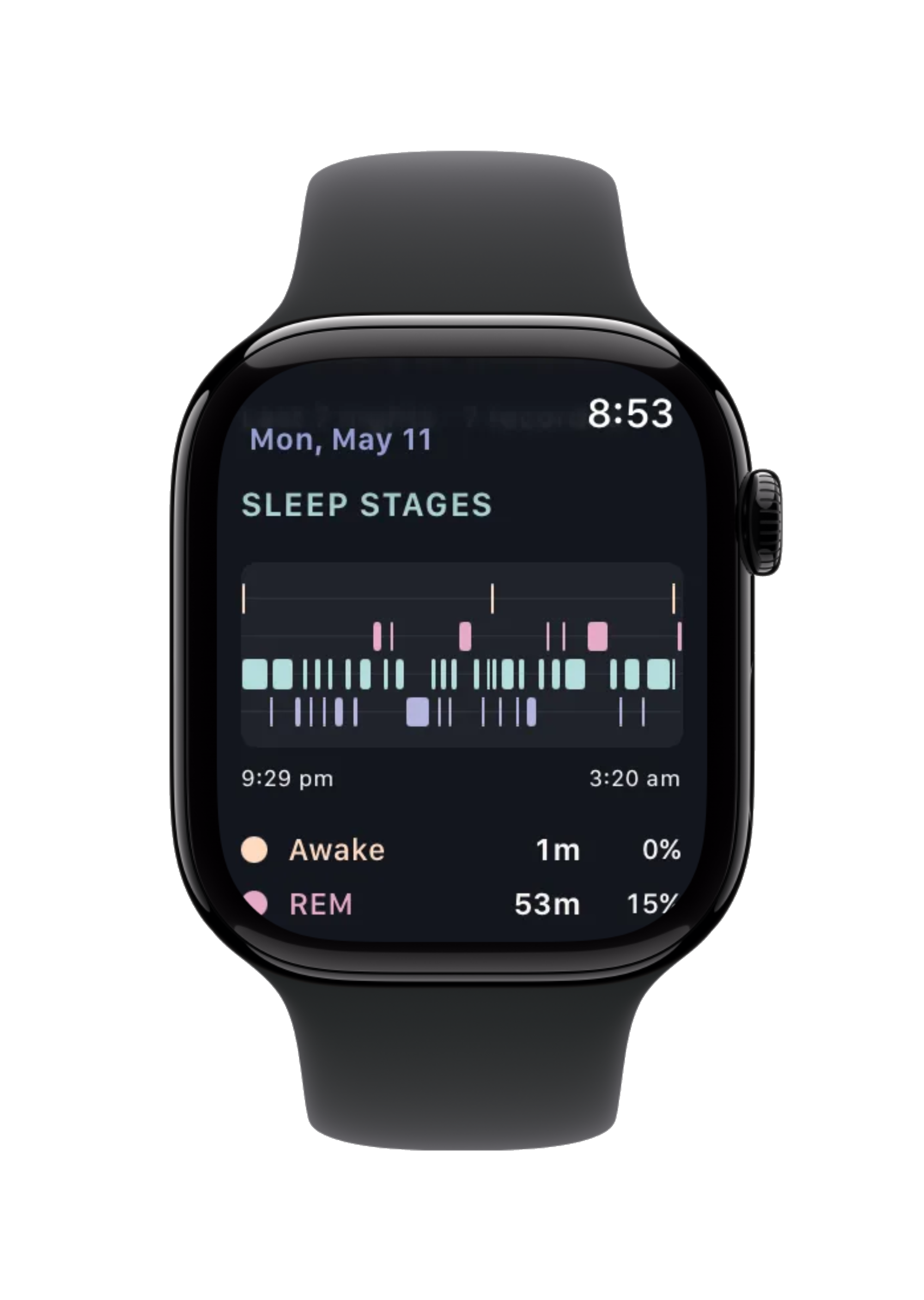 Apple Watch showing a sleep stages hypnogram with REM, light, and deep blocks across the night
