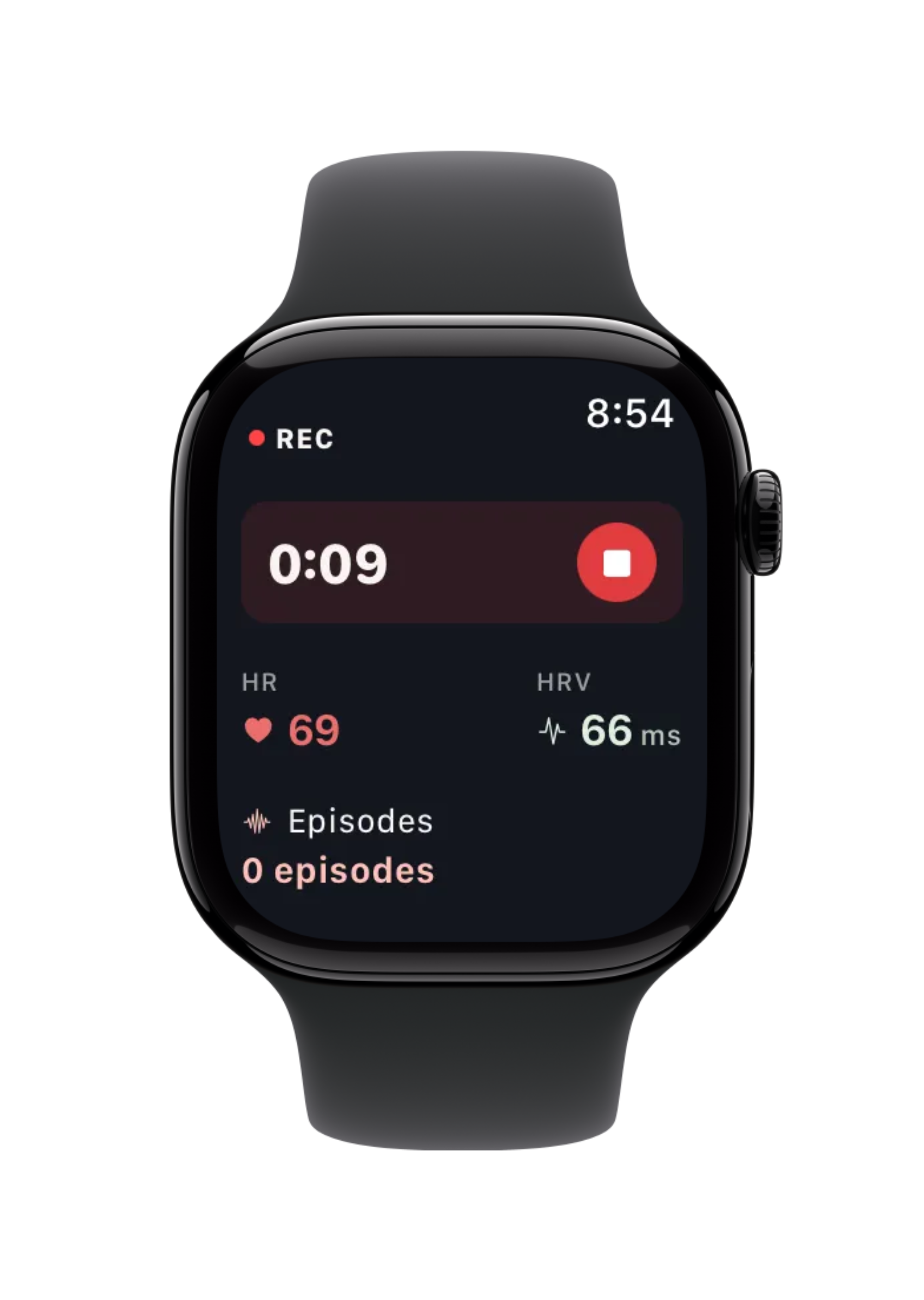 Apple Watch showing an active recording with heart rate 69 bpm, HRV 66 ms, and a stop button
