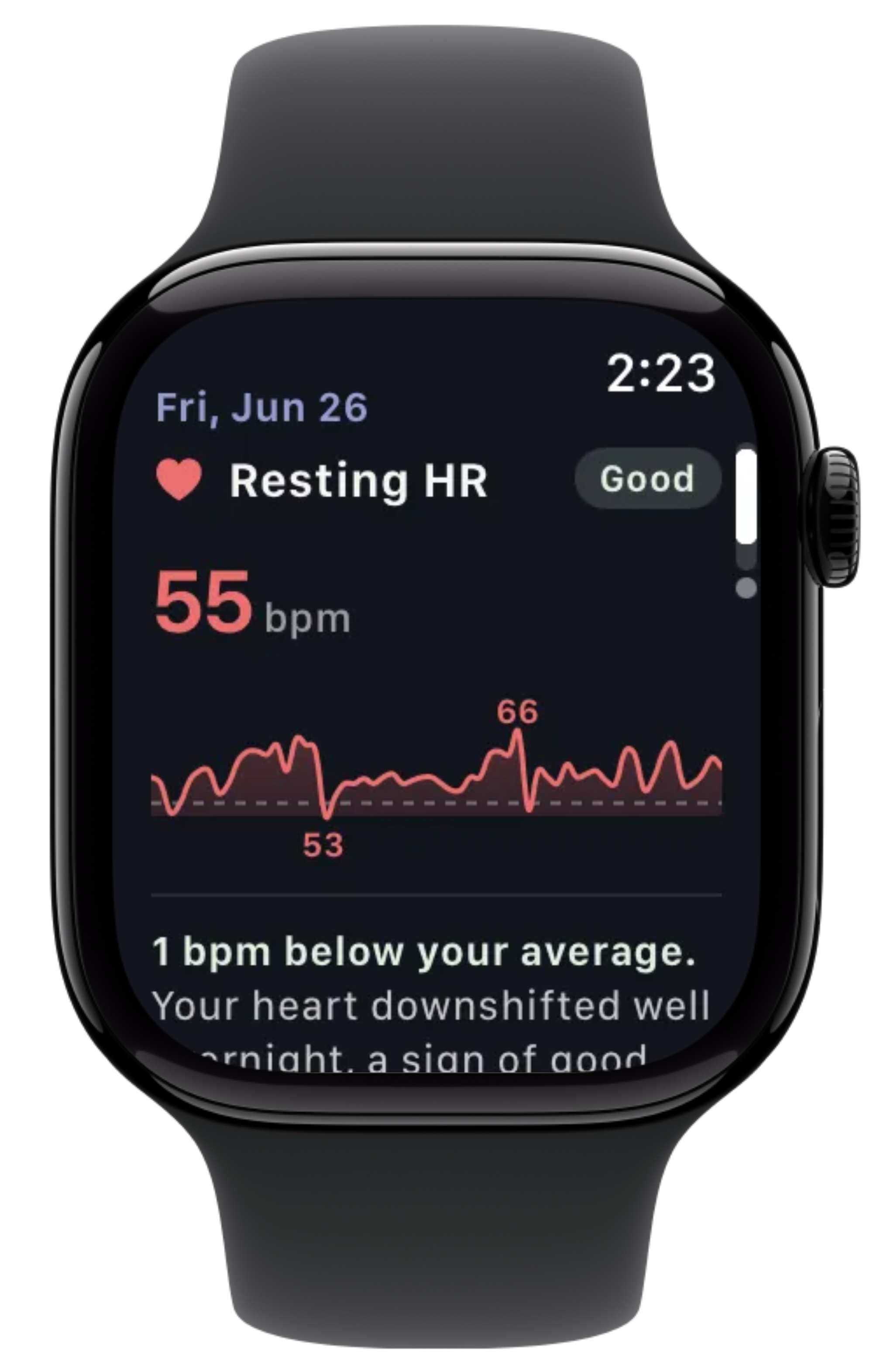 Snore Timeline Apple Watch resting heart rate detail showing 55 bpm rated Good, a trend line for the night ranging from 53 to 66 bpm, and a note that it sits 1 bpm below your average