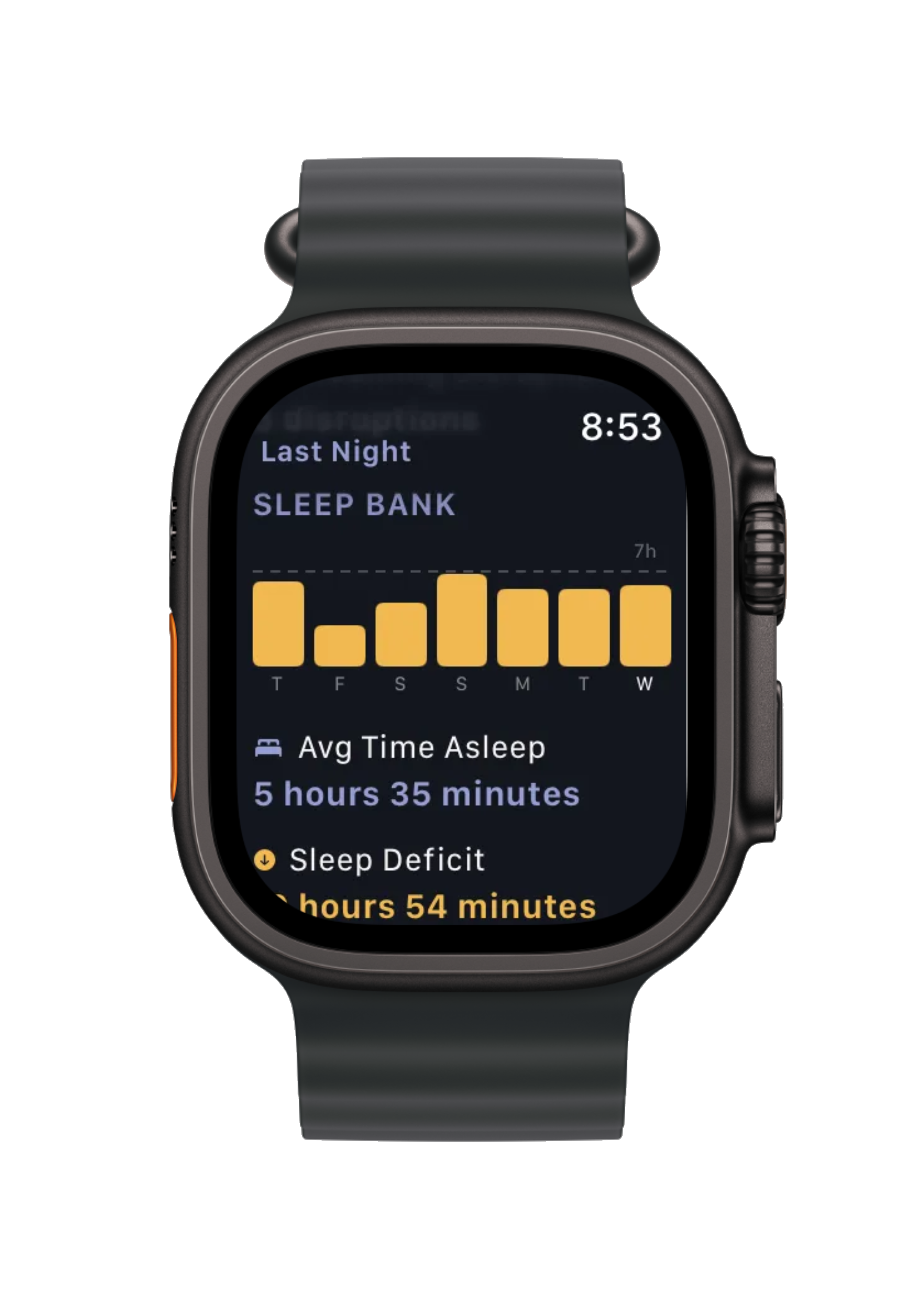 Apple Watch showing the Sleep Bank weekly bar chart with average time asleep and sleep deficit