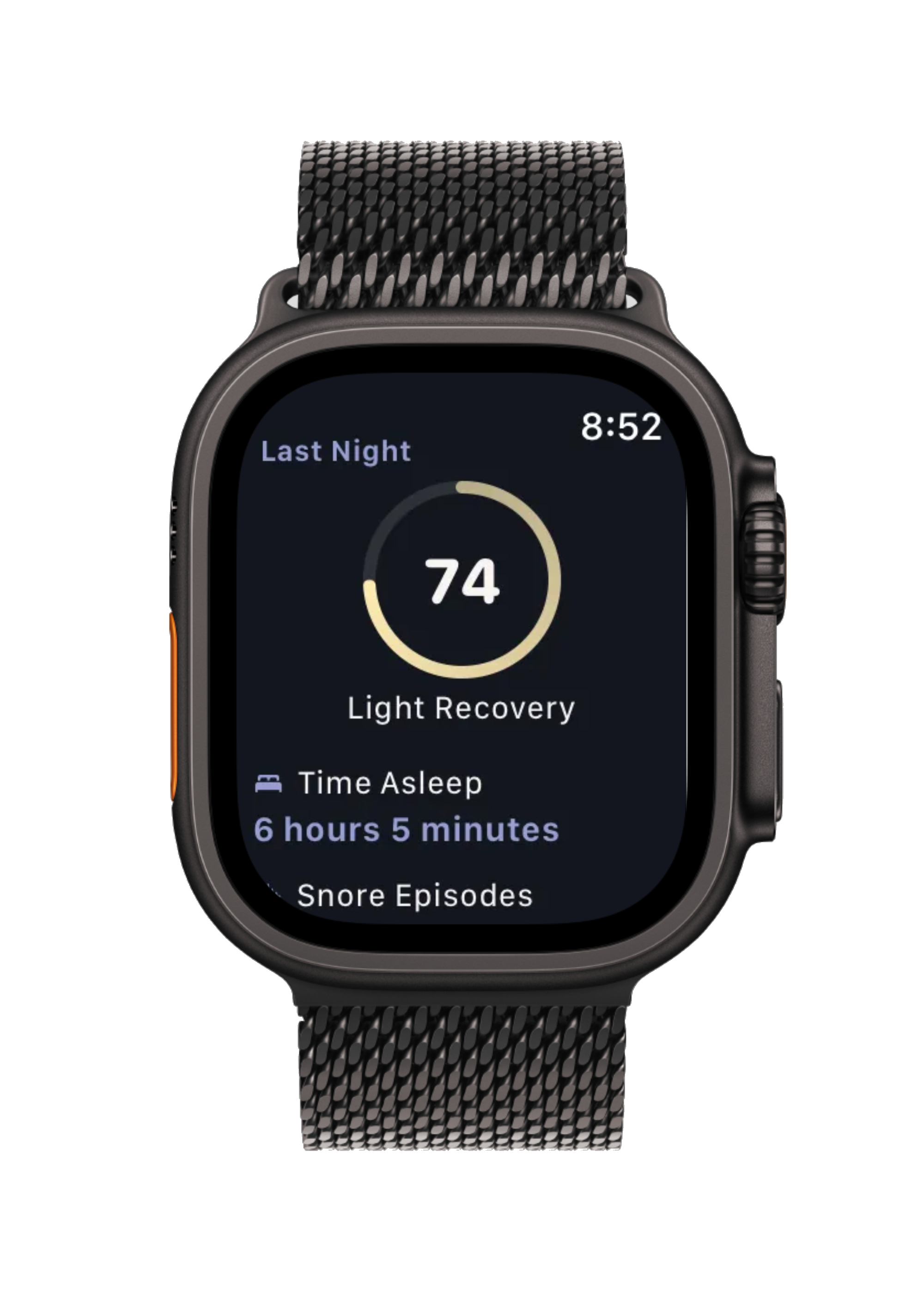 Apple Watch showing last night's Sleep Score of 74 with Light Recovery rating and time asleep