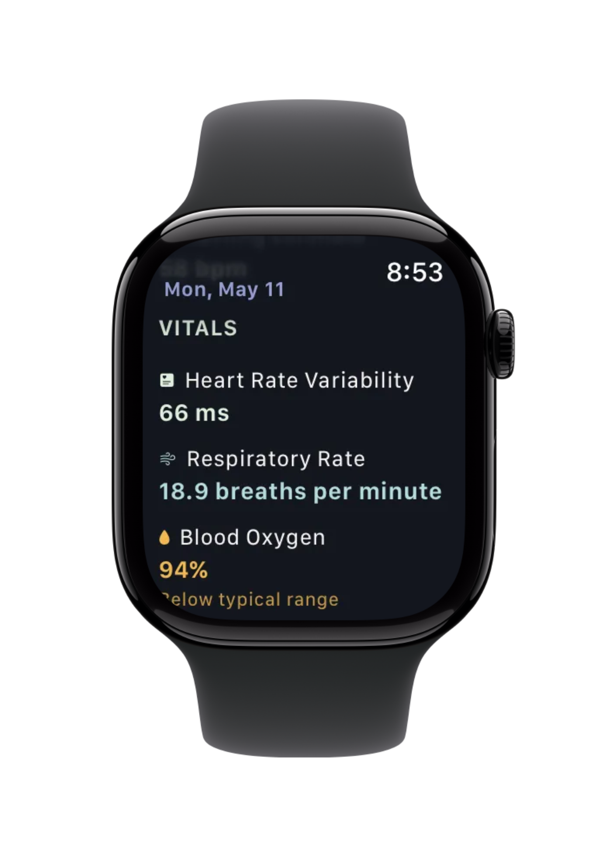 Apple Watch vitals showing HRV 66ms, respiratory rate 18.9 br/min, and blood oxygen 94% with 'Below typical range' rating
